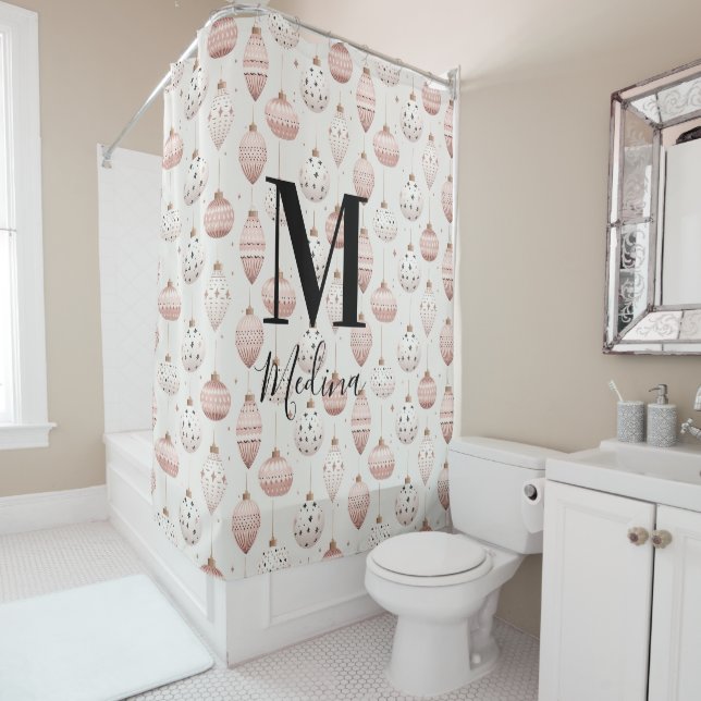 Christmas Pattern Orange Monogram Modern Script Shower Curtain (In Situ)