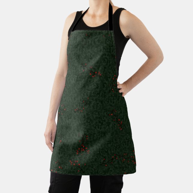 Christmas Pattern Pine Needles and Red Berries Apron (Insitu)