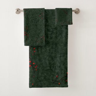 Christmas Pattern Pine Needles and Red Berries Bath Towel Set