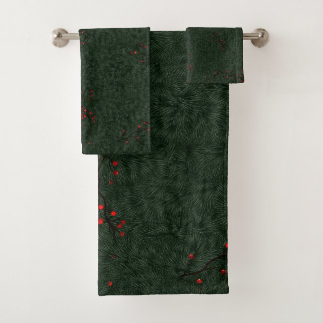 Christmas Pattern Pine Needles and Red Berries Bath Towel Set (Insitu)