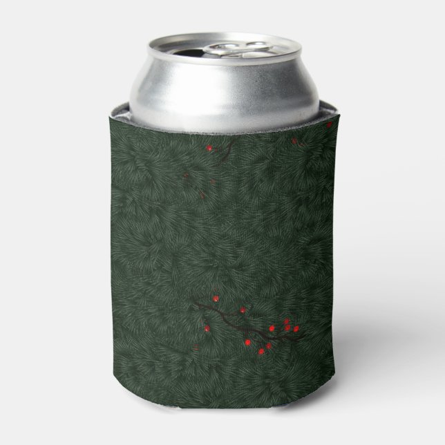 Christmas Pattern Pine Needles and Red Berries Can Cooler (Can Front)