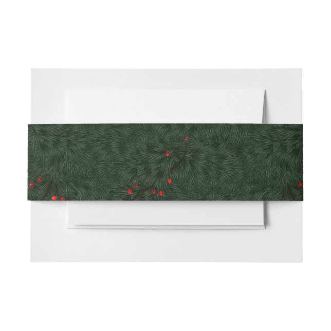 Christmas Pattern Pine Needles and Red Berries Invitation Belly Band (Front Example)