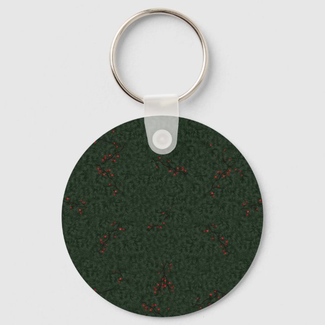 Christmas Pattern Pine Needles and Red Berries Key Ring (Front)