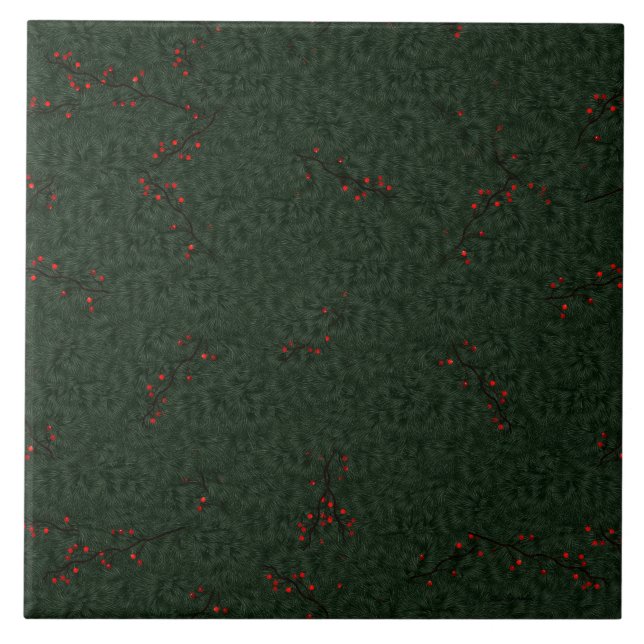 Christmas Pattern Pine Needles and Red Berries Tile (Front)