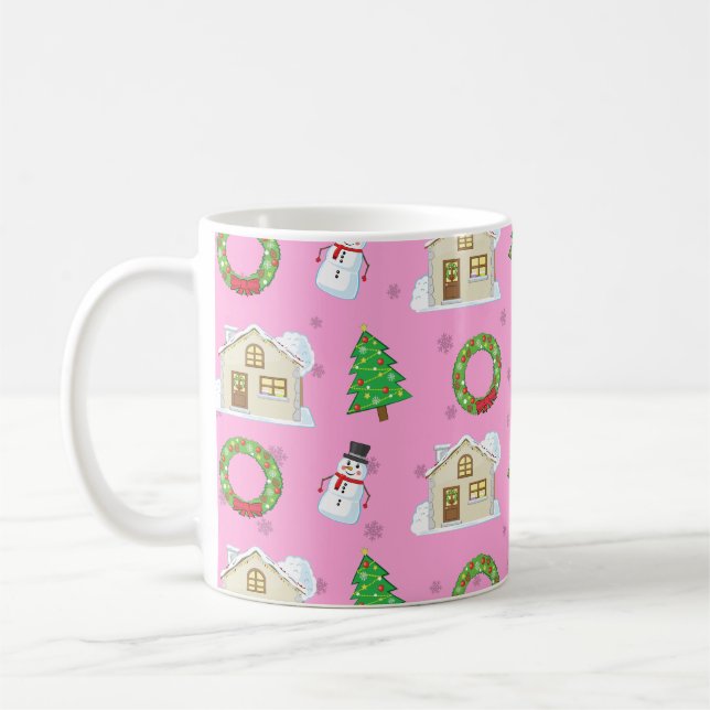Christmas Pattern - Pink Background  Coffee Mug (Left)