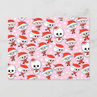 Christmas Pattern Santa and Snowman on Pink. Holiday Postcard
