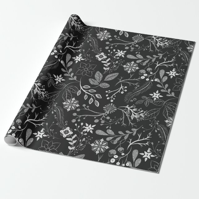 Christmas Pattern Silver White Wrapping Paper (Unrolled)