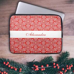 Christmas Pattern Snowflakes Personalised Red Laptop Sleeve