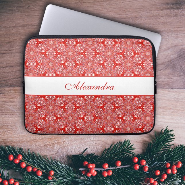 Christmas Pattern Snowflakes Personalised Red Laptop Sleeve (Creator Uploaded)