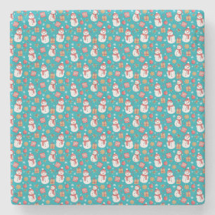 Christmas Pattern Snowman Holly Leaves And Present Stone Coaster