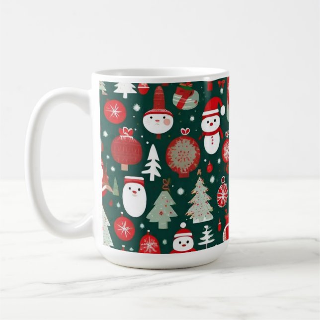 Christmas pattern snowman santa trees green decor coffee mug (Left)