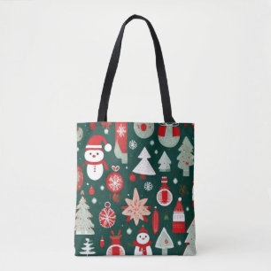 Christmas pattern snowman santa trees green decor tote bag
