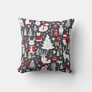 Christmas pattern snowman santa trees grey decor cushion