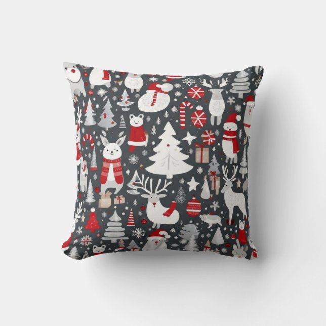 Christmas pattern snowman santa trees grey decor cushion (Front)