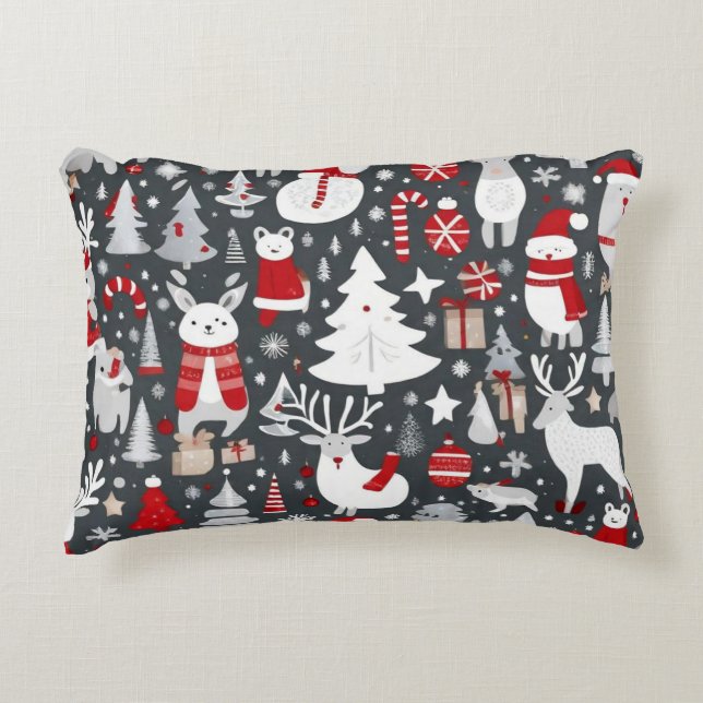 Christmas pattern snowman santa trees grey decor decorative cushion (Front)