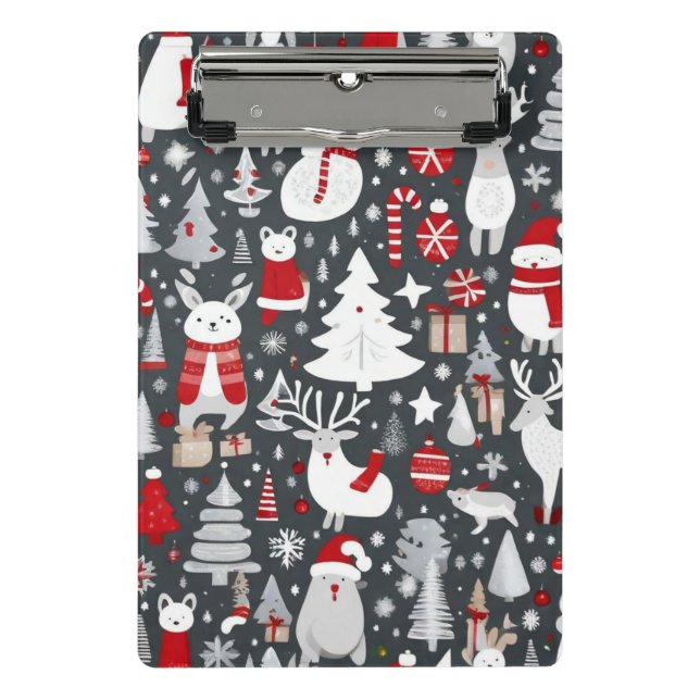 Christmas pattern snowman santa trees grey decor mini clipboard (Front)