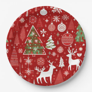 Christmas pattern snowman santa trees grey decor paper plate