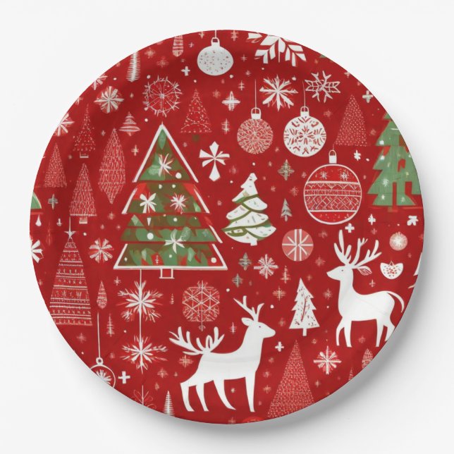 Christmas pattern snowman santa trees grey decor paper plate (Front)