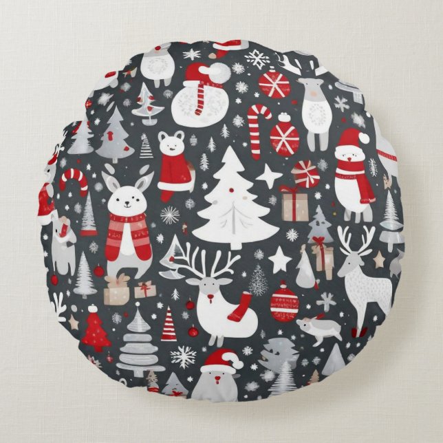 Christmas pattern snowman santa trees grey decor round cushion (Front)