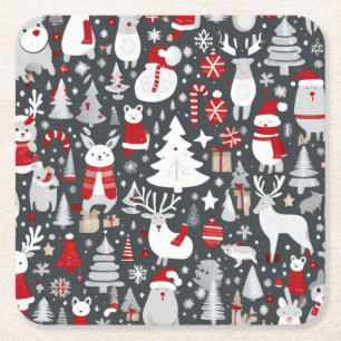 Christmas pattern snowman santa trees grey decor square paper coaster