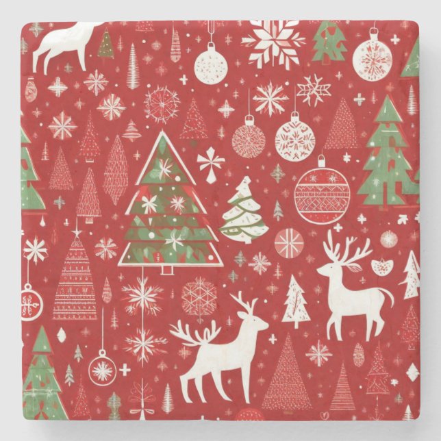 Christmas pattern snowman santa trees grey decor stone coaster (Front)