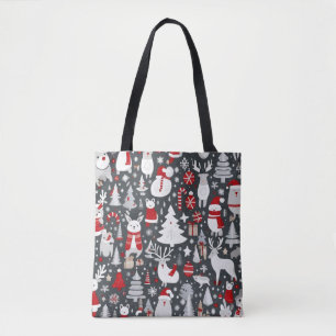 Christmas pattern snowman santa trees grey decor tote bag