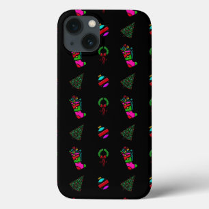 Christmas Pattern Stocking, Tree, Wreath on Black iPhone 13 Case