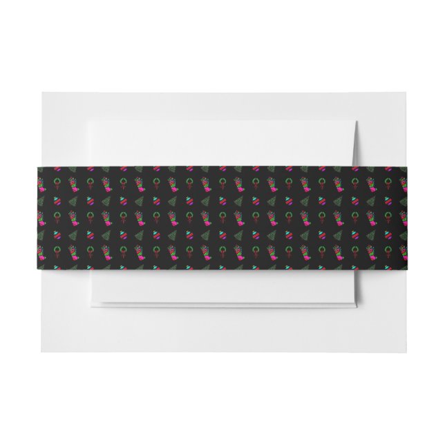 Christmas Pattern Stocking, Tree, Wreath on Black Invitation Belly Band (Front Example)