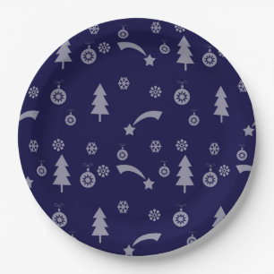 Christmas pattern, trees, stars and ornaments paper plate