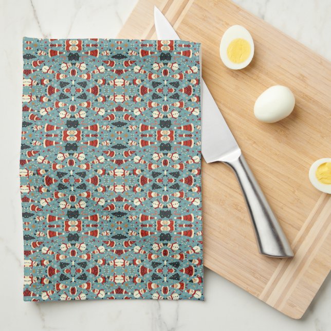 Christmas pattern with blue background tea towel (Quarter Fold)