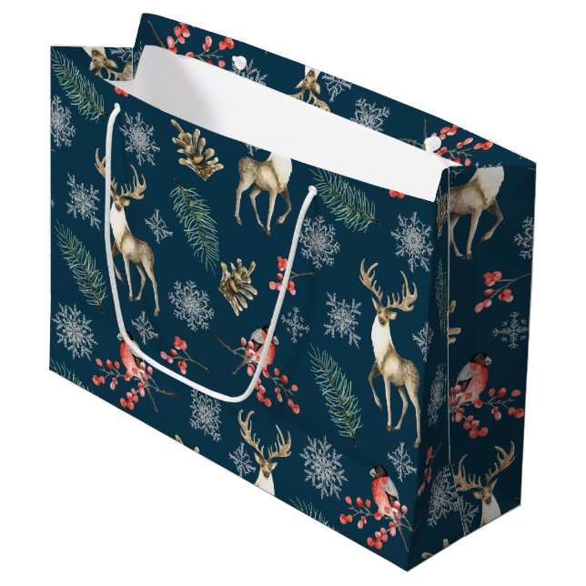Christmas Pattern With Deer & Bullfinches Blue Large Gift Bag (Front Angled)