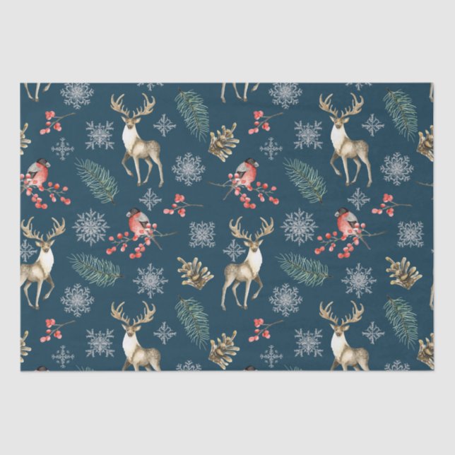 Christmas Pattern With Deer & Bullfinches Blue Tissue Paper (Front)