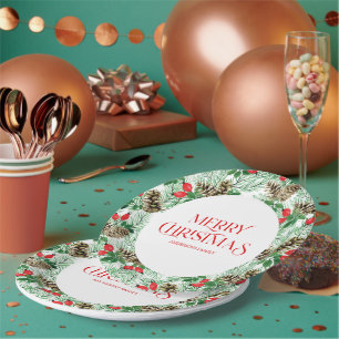 Christmas pattern with evergreens and red berries paper plate