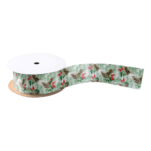 Christmas pattern with evergreens and red berries satin ribbon (Spool)