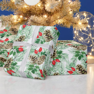 Christmas pattern with evergreens and red berries wrapping paper