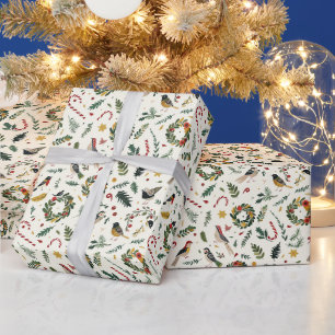Christmas Pattern With Holly, Birds & Candy Canes Wrapping Paper