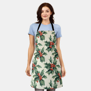 Christmas Pattern with Holly Leaves and Red Berry Apron