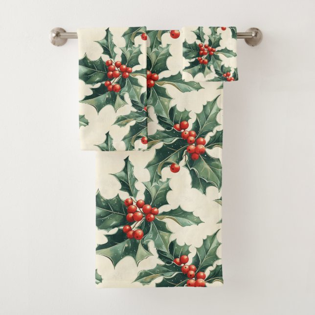 Christmas Pattern with Holly Leaves and Red Berry Bath Towel Set (Insitu)