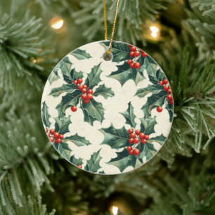Christmas Pattern with Holly Leaves and Red Berry Ceramic Tree Decoration