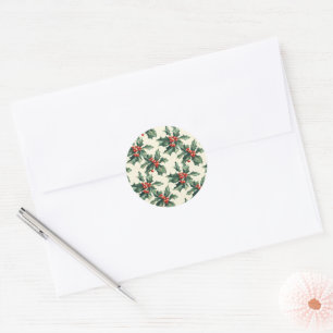 Christmas Pattern with Holly Leaves and Red Berry Classic Round Sticker