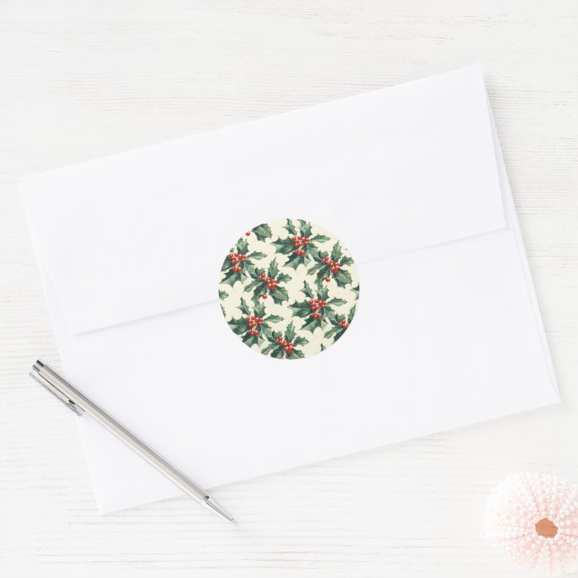 Christmas Pattern with Holly Leaves and Red Berry Classic Round Sticker (Envelope)