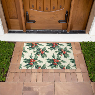 Christmas Pattern with Holly Leaves and Red Berry Doormat