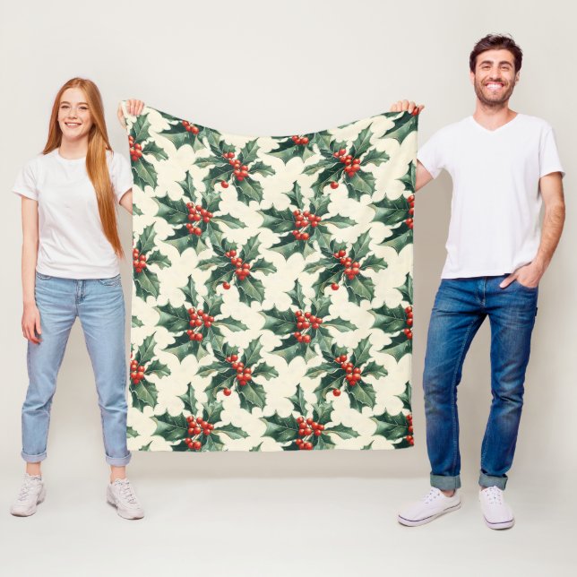 Christmas Pattern with Holly Leaves and Red Berry Fleece Blanket (In Situ)