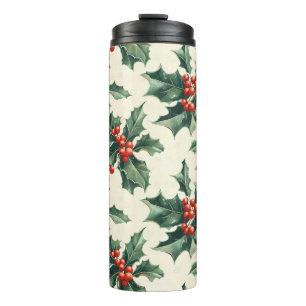 Christmas Pattern with Holly Leaves and Red Berry Thermal Tumbler
