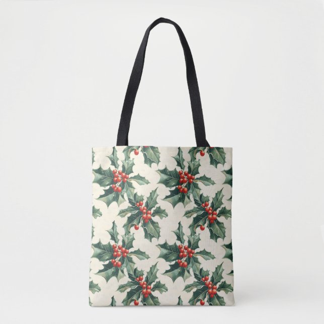 Christmas Pattern with Holly Leaves and Red Berry Tote Bag (Front)