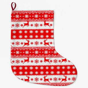 Christmas Pattern with Reindeer and Snowflakes Large Christmas Stocking