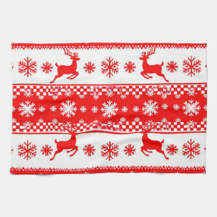 Christmas Pattern with Reindeer and Snowflakes Tea Towel