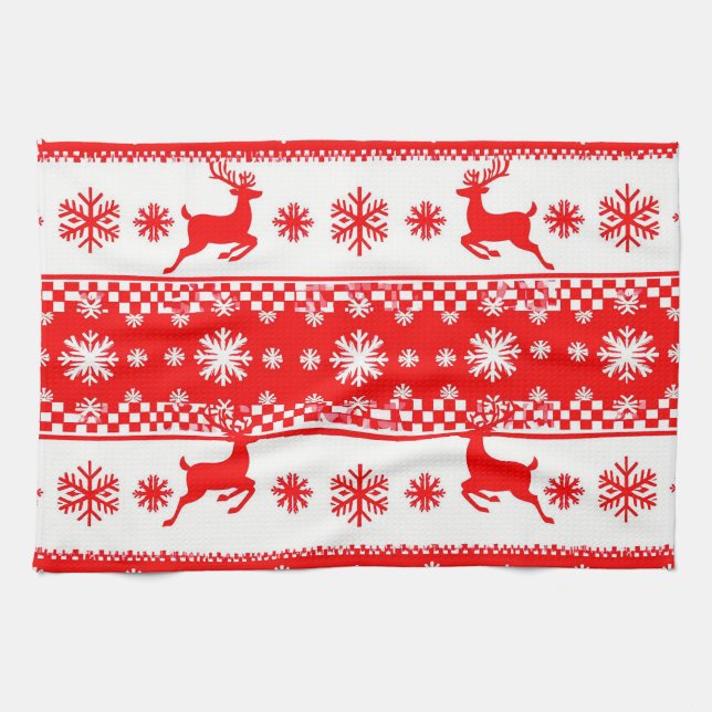 Christmas Pattern with Reindeer and Snowflakes Tea Towel (Horizontal)