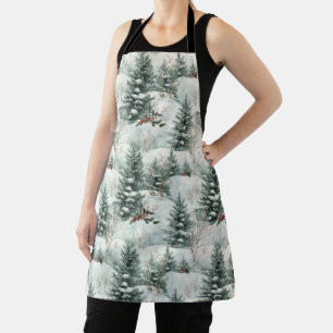 Christmas Pattern with Snowy Forest and Pine trees Apron