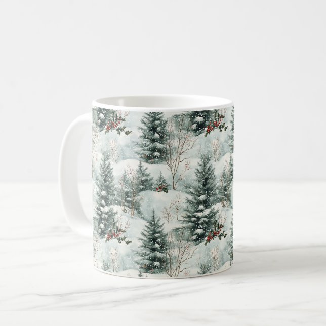 Christmas Pattern with Snowy Forest and Pine trees Coffee Mug (Front Left)